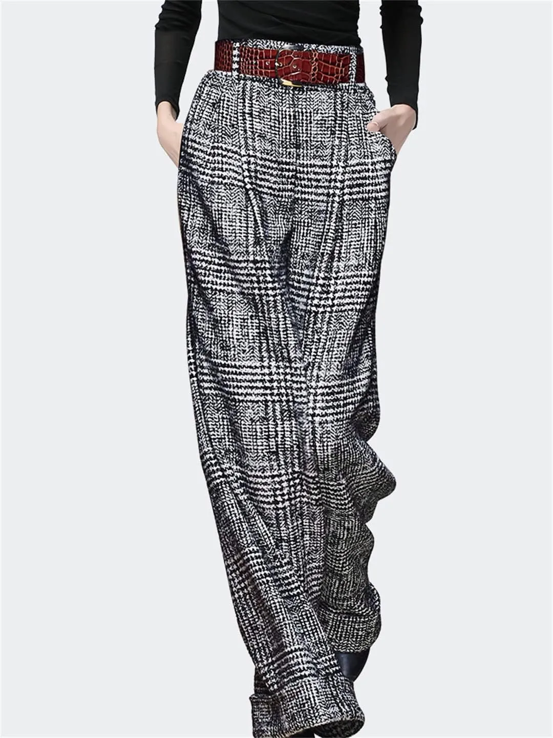 Alloaone Women Woolen Wide Leg Winter Long Trousers High Waist Straight Loose Plus Size Bottoms