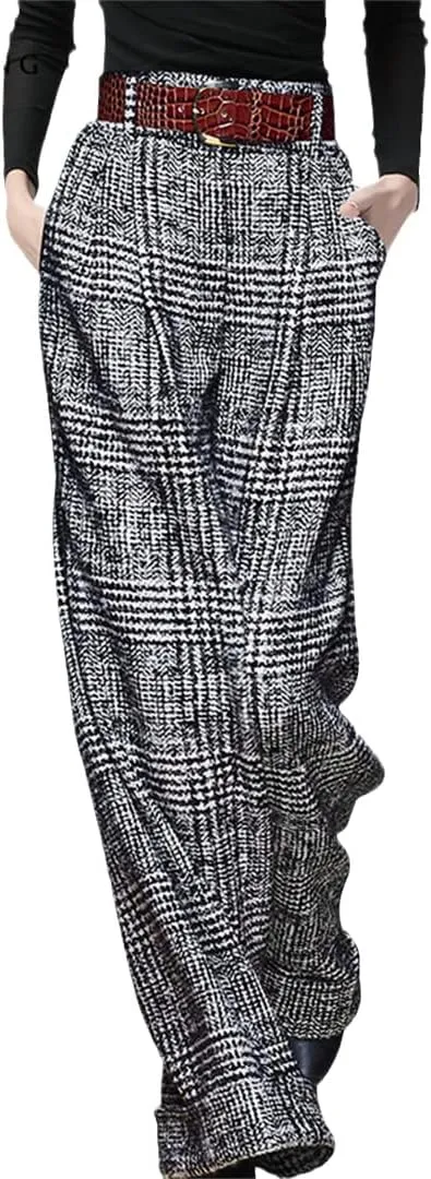 Alloaone Women Woolen Wide Leg Winter Long Trousers High Waist Straight Loose Plus Size Bottoms