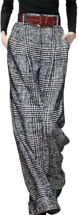 Alloaone Women Woolen Wide Leg Winter Long Trousers High Waist Straight Loose Plus Size Bottoms