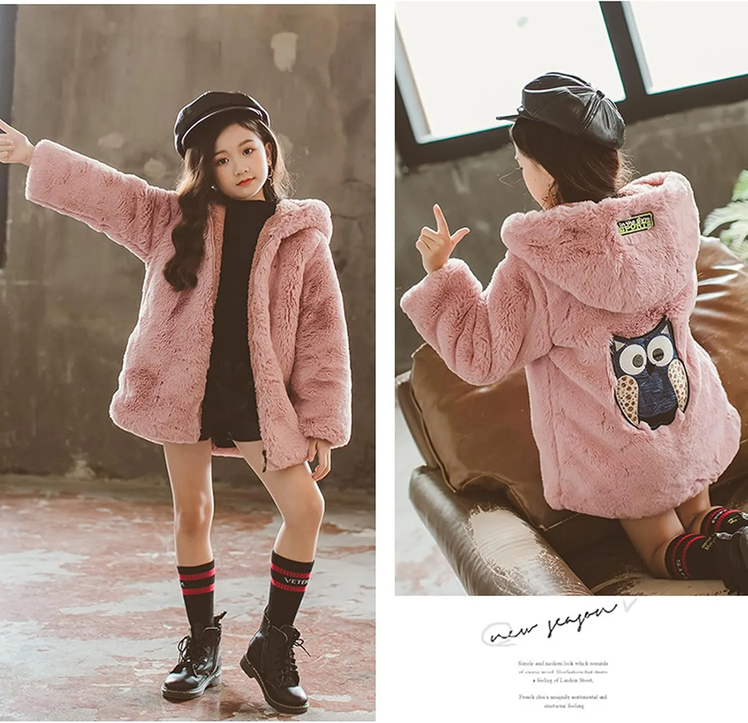 ASHER FASHION Little Big Girls Winter Outfit Hooded Fur Jacket Warm Cotton Fleece Thick Coat Outwear