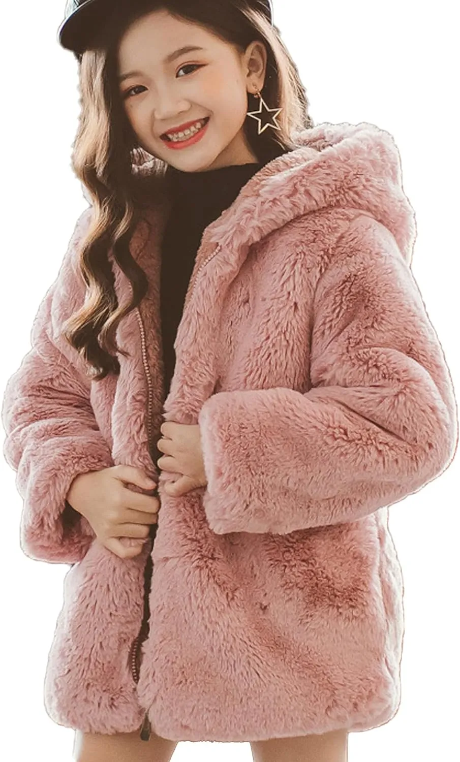 ASHER FASHION Little Big Girls Winter Outfit Hooded Fur Jacket Warm Cotton Fleece Thick Coat Outwear
