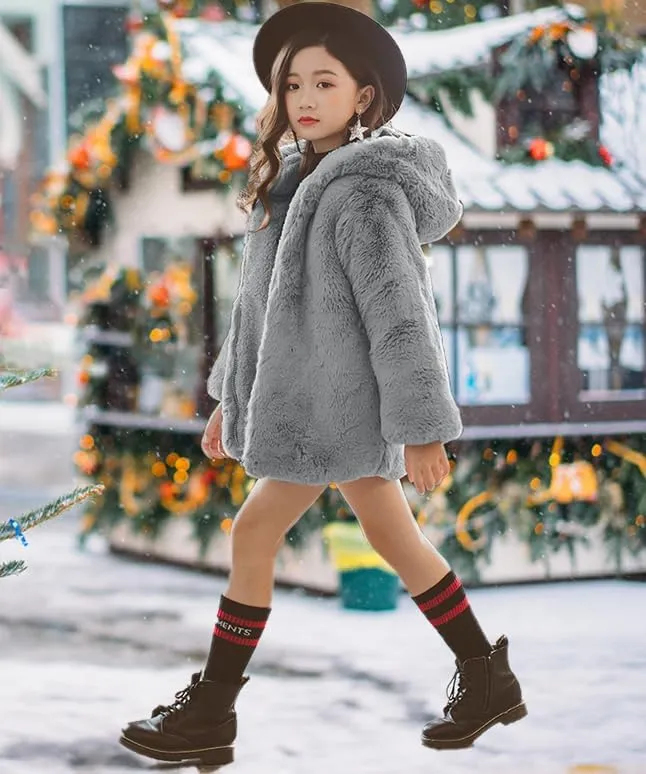ASHER FASHION Little Big Girls Winter Outfit Hooded Fur Jacket Warm Cotton Fleece Thick Coat Outwear