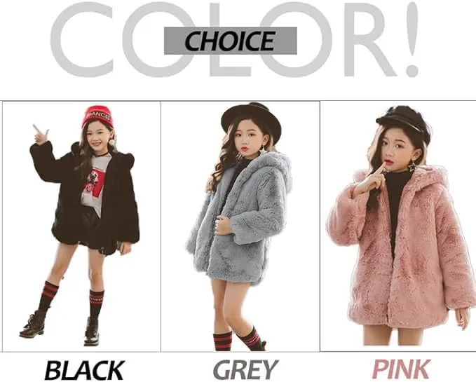 ASHER FASHION Little Big Girls Winter Outfit Hooded Fur Jacket Warm Cotton Fleece Thick Coat Outwear