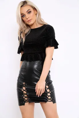 Black Velvet Sparkle Frill Hem Crop Top - Iyannah