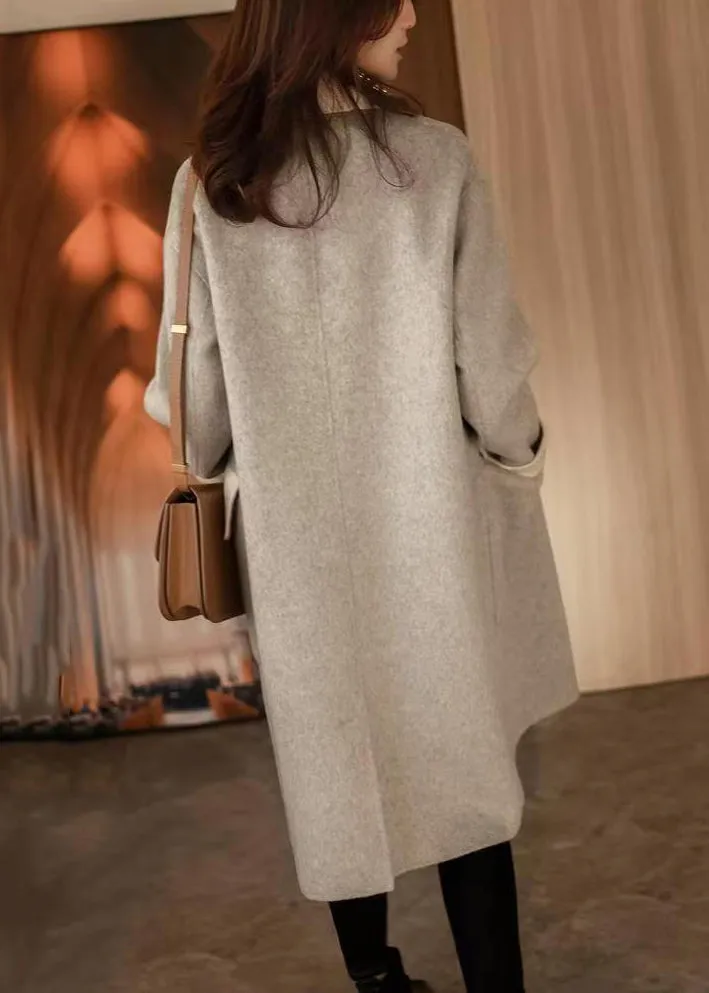 Chic Grey Button Pockets Patchwork Woolen Long Coat Fall LY9654