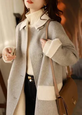 Chic Grey Button Pockets Patchwork Woolen Long Coat Fall LY9654