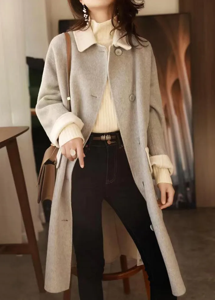 Chic Grey Button Pockets Patchwork Woolen Long Coat Fall LY9654
