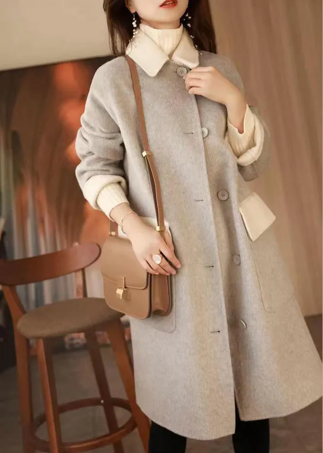 Chic Grey Button Pockets Patchwork Woolen Long Coat Fall LY9654