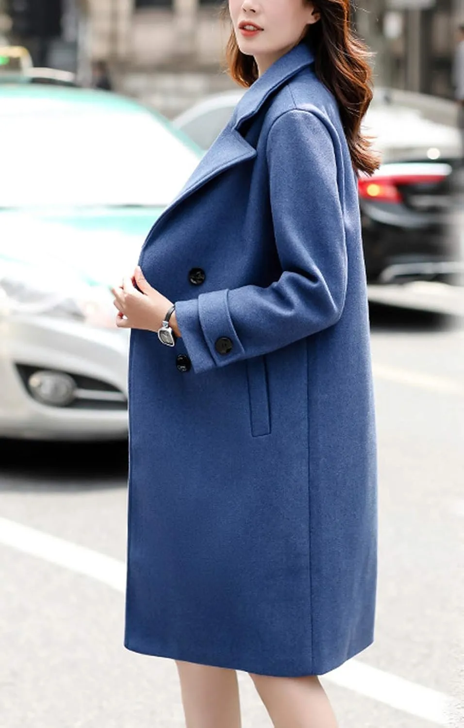 chouyatou Women's Essential Elegant Wear Double Breasted Mid Long Wool Pea Coat