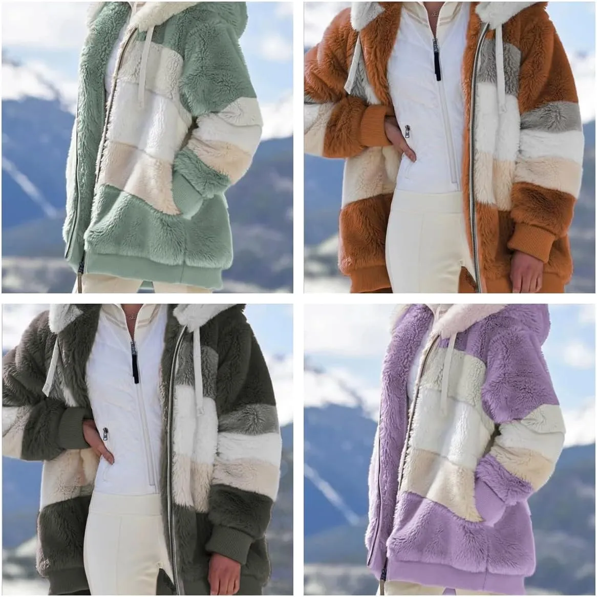 Contrasting Lamb Wool Padded Coat, Womens Autumn and Winter Loose Thick Plush Multicolor Hooded Jacket with Pockets