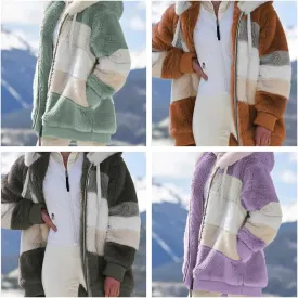 Contrasting Lamb Wool Padded Coat, Womens Autumn and Winter Loose Thick Plush Multicolor Hooded Jacket with Pockets
