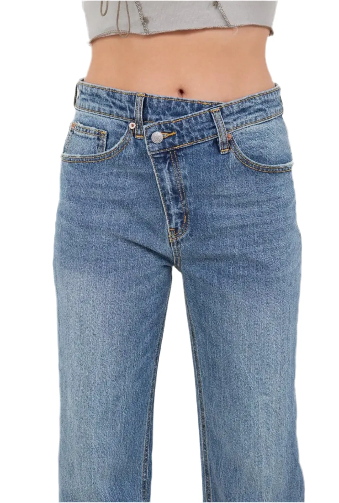 Cuff Detail Crossover High Waist Straight Jeans