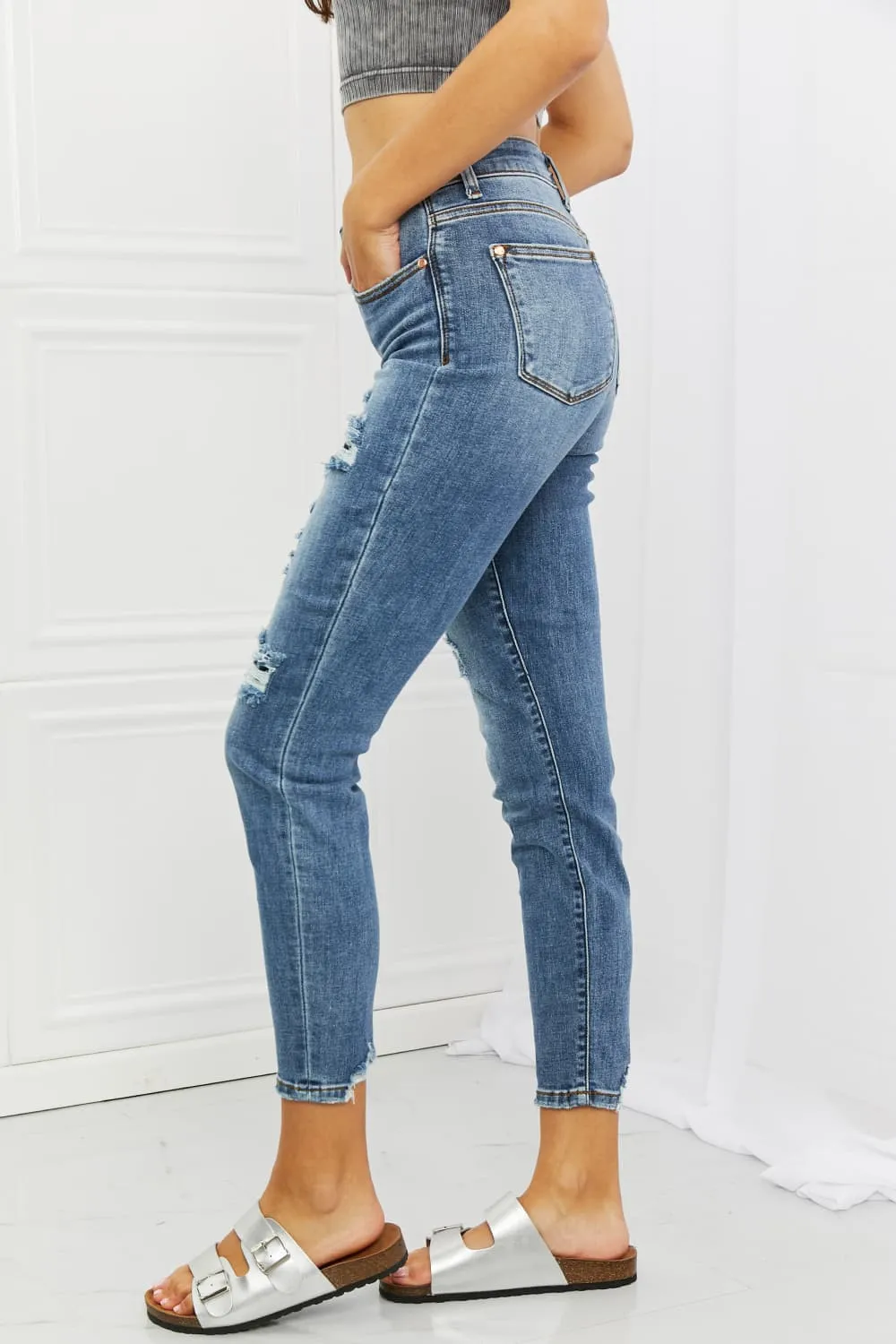 Dahlia Full Size Distressed Patch Jeans