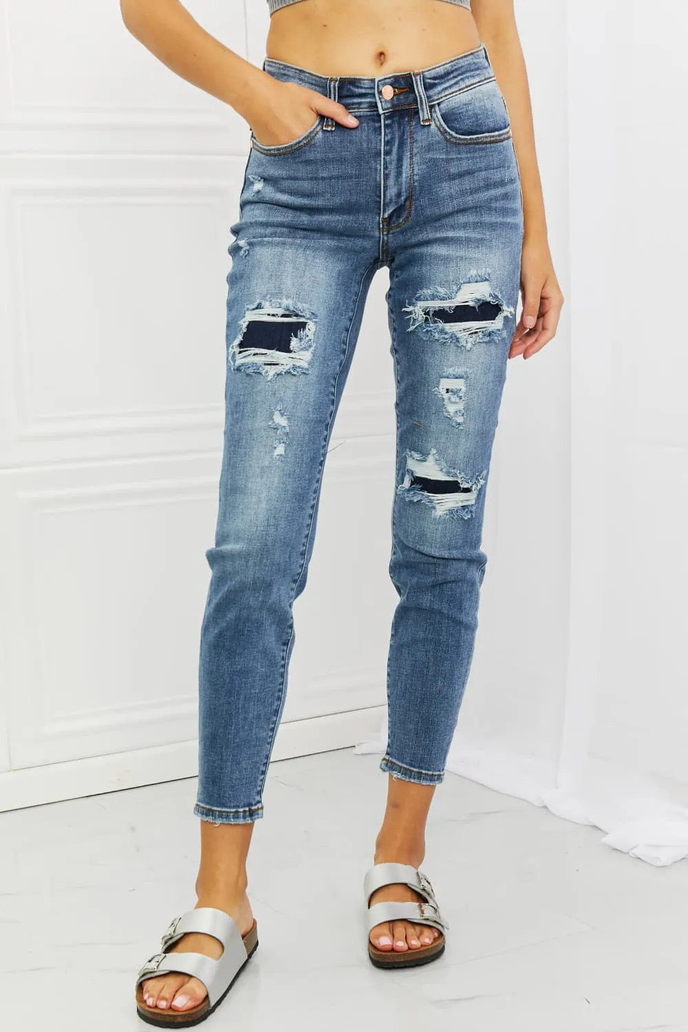 Dahlia Full Size Distressed Patch Jeans