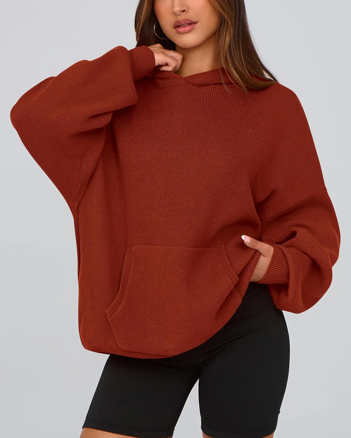 dowerme Women Oversized Sweaters 2025 Lantern Long Sleeve Drop Shoulder Chunky Knit Hooded Pullover Sweater with Pocket