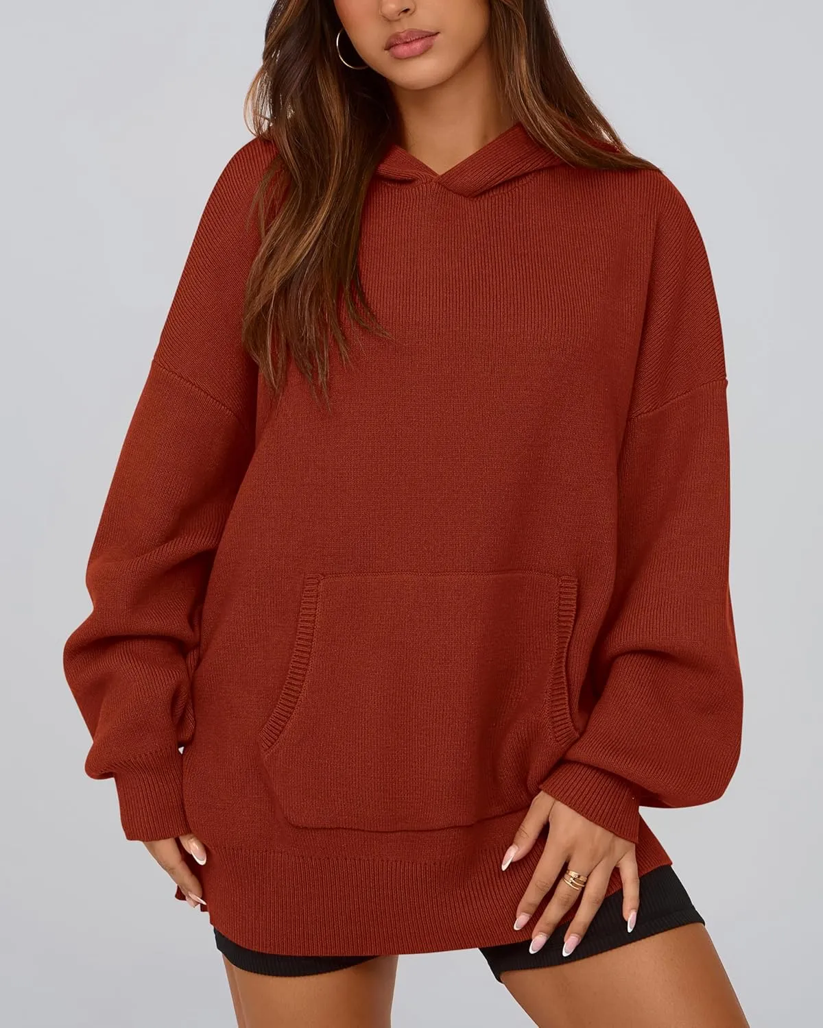 dowerme Women Oversized Sweaters 2025 Lantern Long Sleeve Drop Shoulder Chunky Knit Hooded Pullover Sweater with Pocket