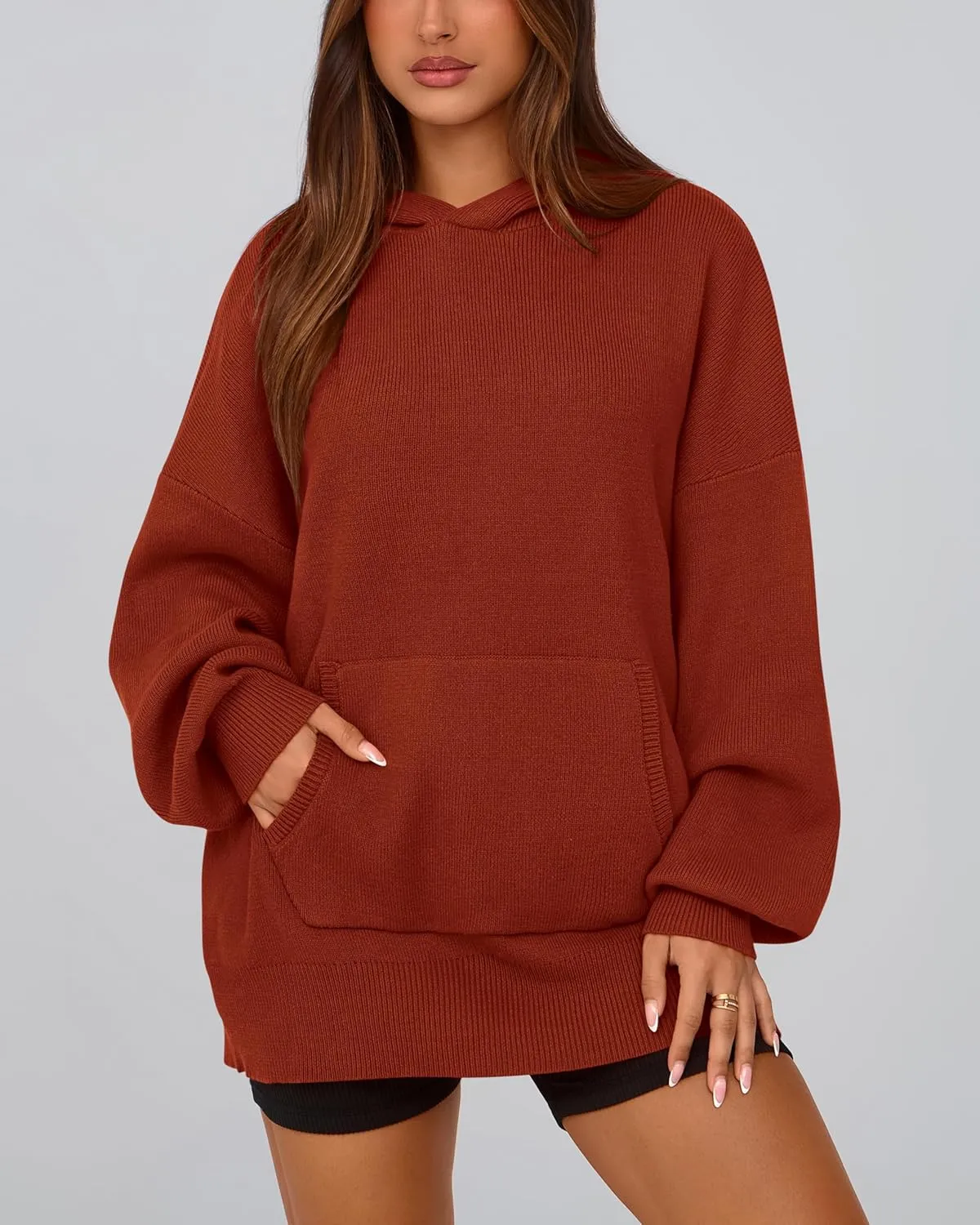 dowerme Women Oversized Sweaters 2025 Lantern Long Sleeve Drop Shoulder Chunky Knit Hooded Pullover Sweater with Pocket