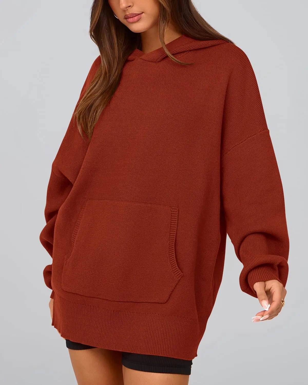 dowerme Women Oversized Sweaters 2025 Lantern Long Sleeve Drop Shoulder Chunky Knit Hooded Pullover Sweater with Pocket