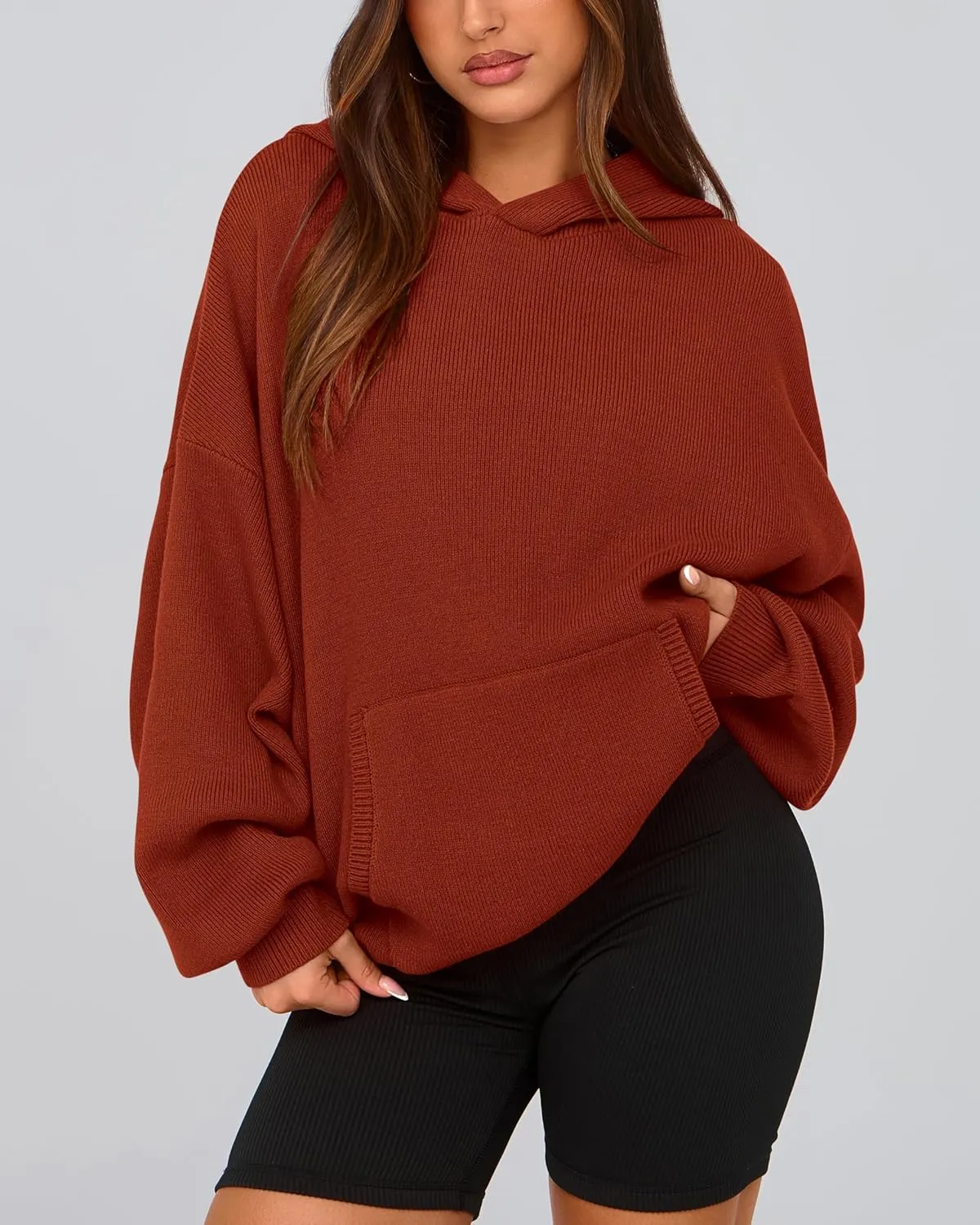 dowerme Women Oversized Sweaters 2025 Lantern Long Sleeve Drop Shoulder Chunky Knit Hooded Pullover Sweater with Pocket