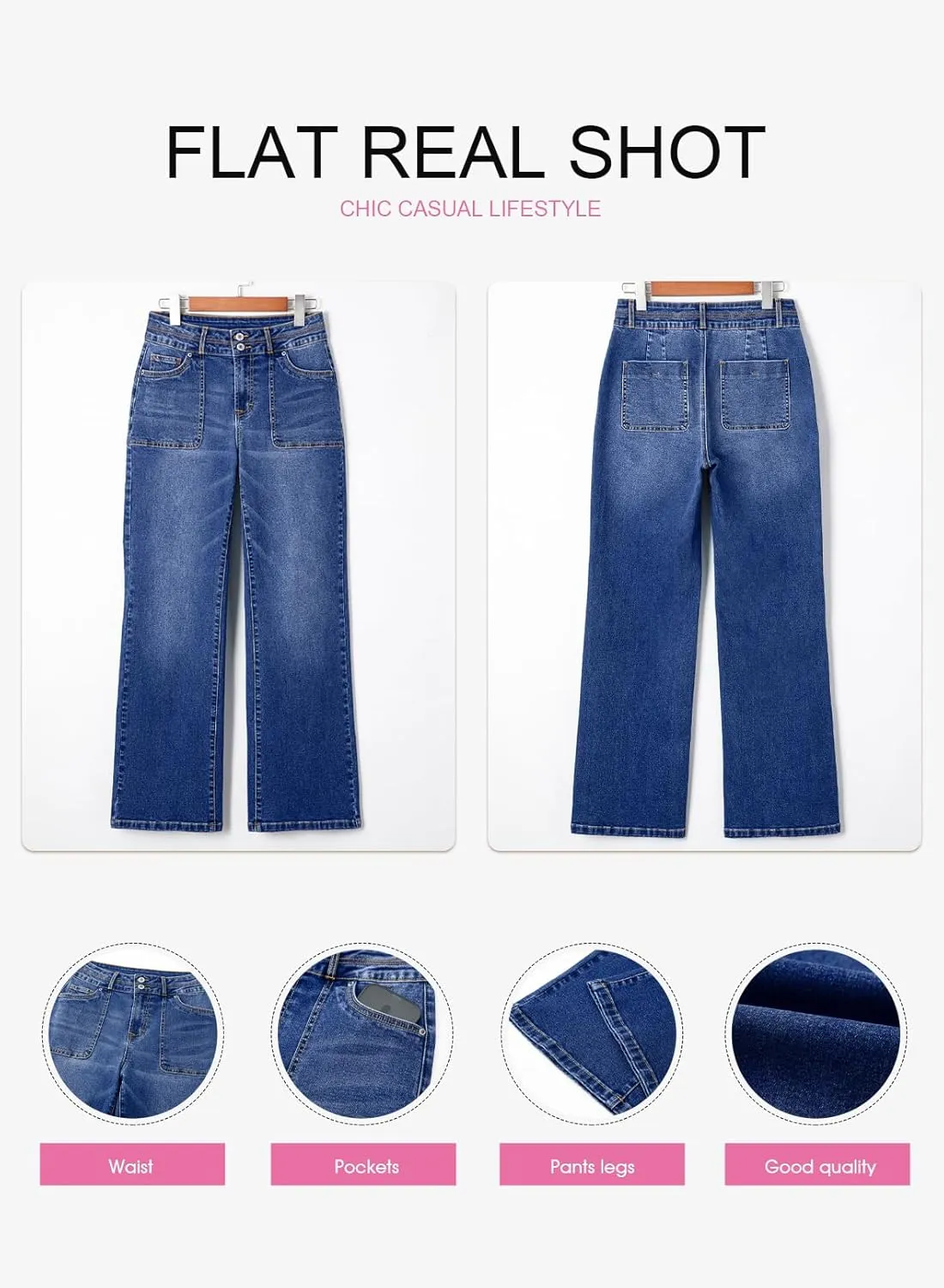 EVALESS Women's Wide Leg Jeans High Waisted Straight Leg Jeans Trendy Stretchy Loose Zimbaplatinum Denim Pants with Pockets