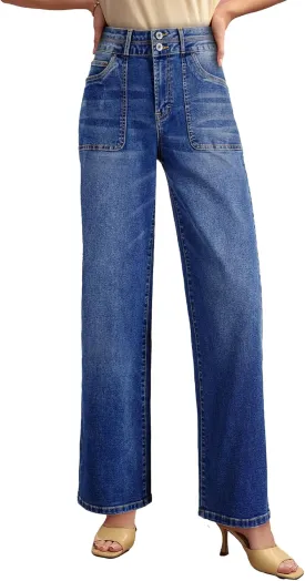 EVALESS Women's Wide Leg Jeans High Waisted Straight Leg Jeans Trendy Stretchy Loose Zimbaplatinum Denim Pants with Pockets