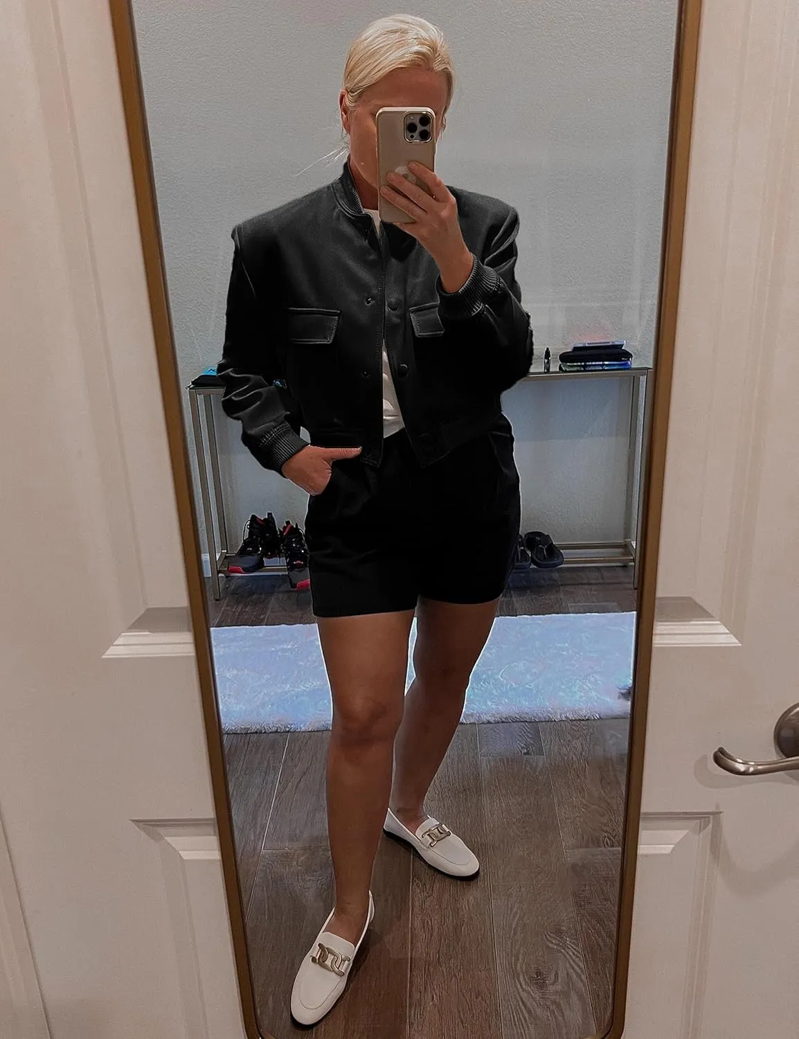 Faleave Women's Cropped Bomber Jacket Casual Street Button Down Varsity Jacket with Two Big Pockets