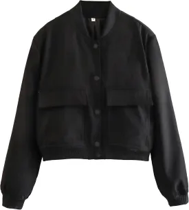 Faleave Women's Cropped Bomber Jacket Casual Street Button Down Varsity Jacket with Two Big Pockets