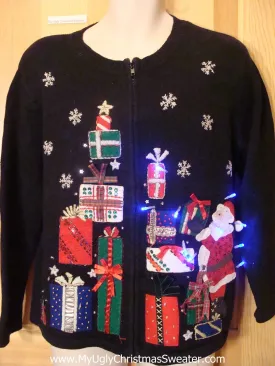 Funny Christmas Sweater with Lights Santa Stacking Gifts