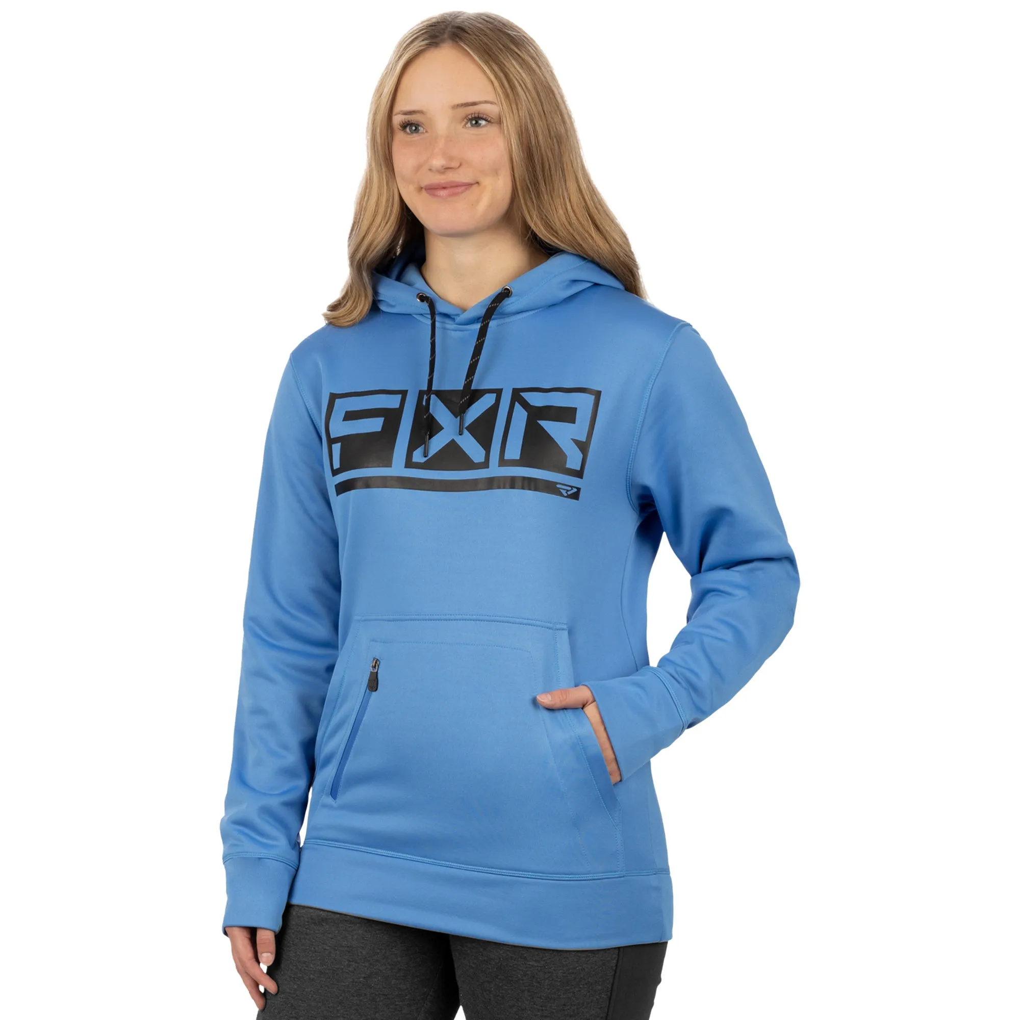FXR  Podium Tech Pullover Hoodie Water Resistant Zipped Pouch Tranquil Blue Black