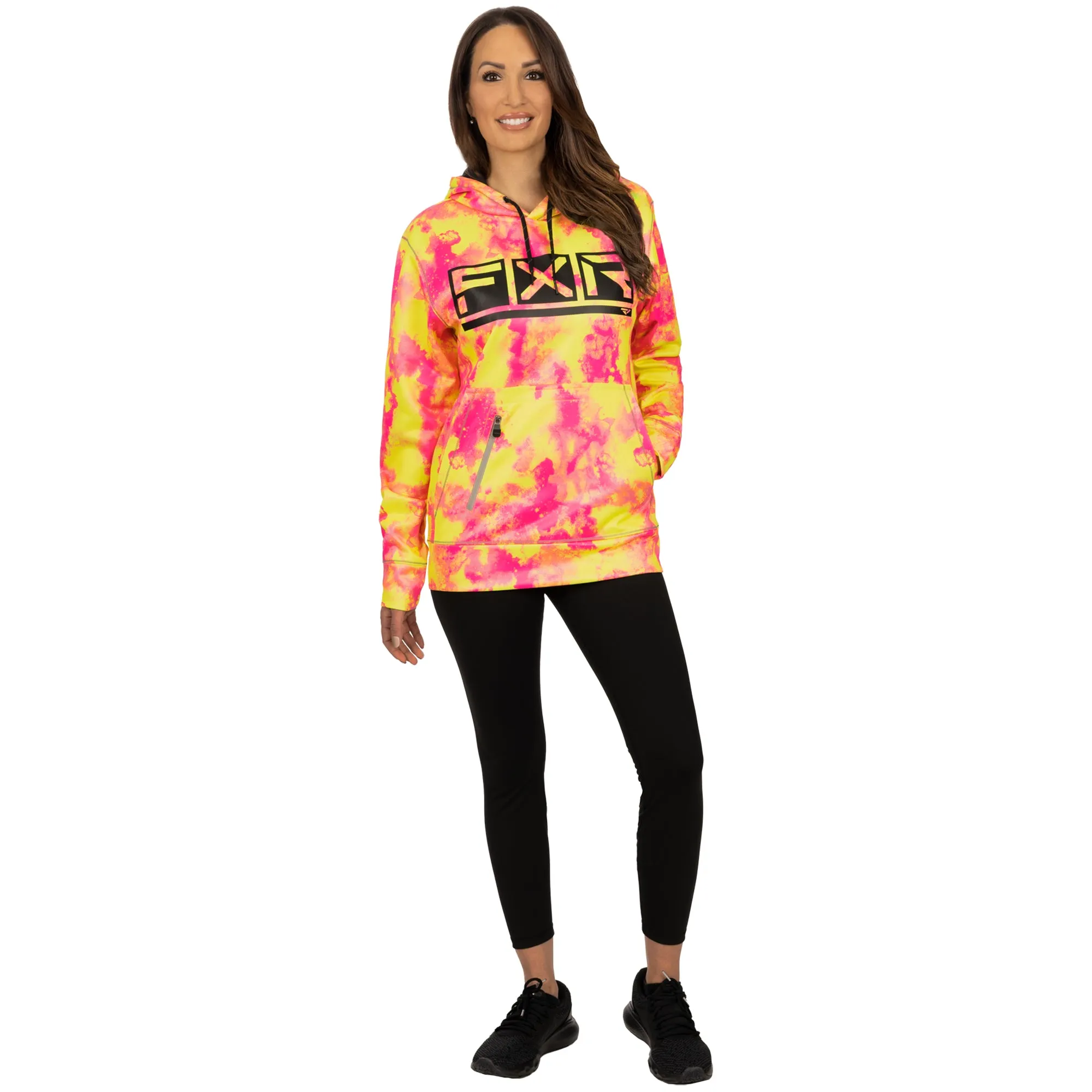 FXR  Podium Tech Pullover Hoodie Water Resistant Zippered Pouch Neon Acid Black