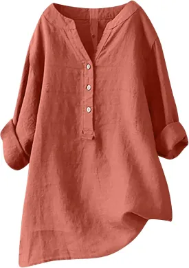 HGps8w Oversized Cotton Linen Tops for Women Half Button V Neck Long Sleeve Loose T-Shirts Summer Solid Color Tunic Blouse