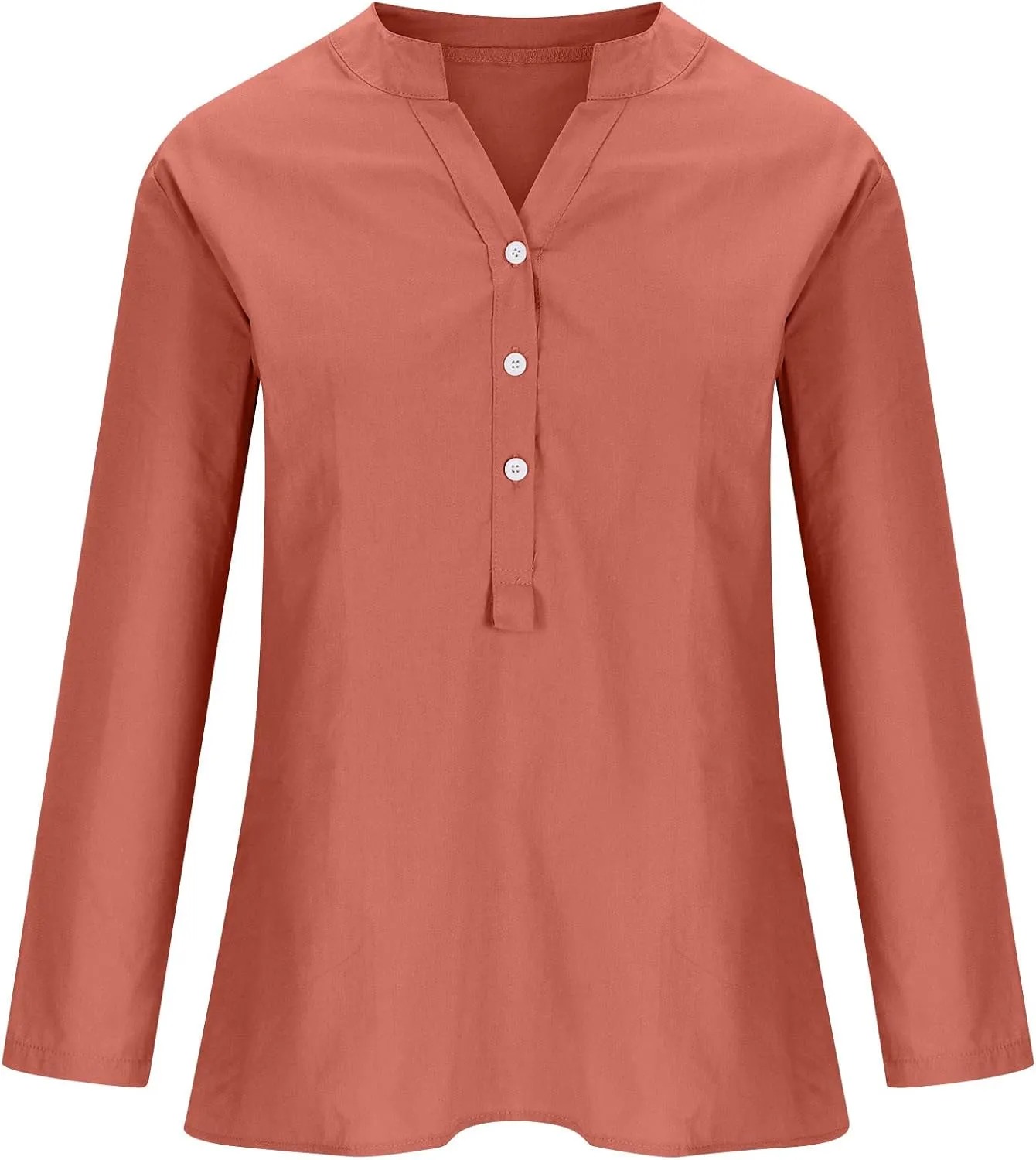 HGps8w Oversized Cotton Linen Tops for Women Half Button V Neck Long Sleeve Loose T-Shirts Summer Solid Color Tunic Blouse