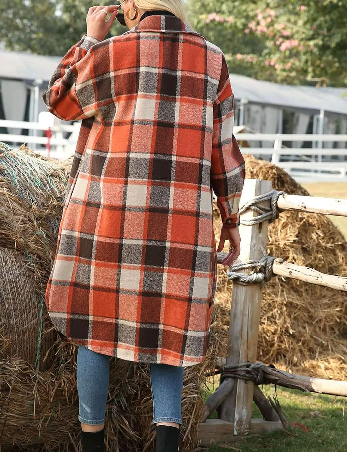 Himosyber Women's Casual Plaid Lapel Woolen Button Up Pocketed Long Shacket Coat