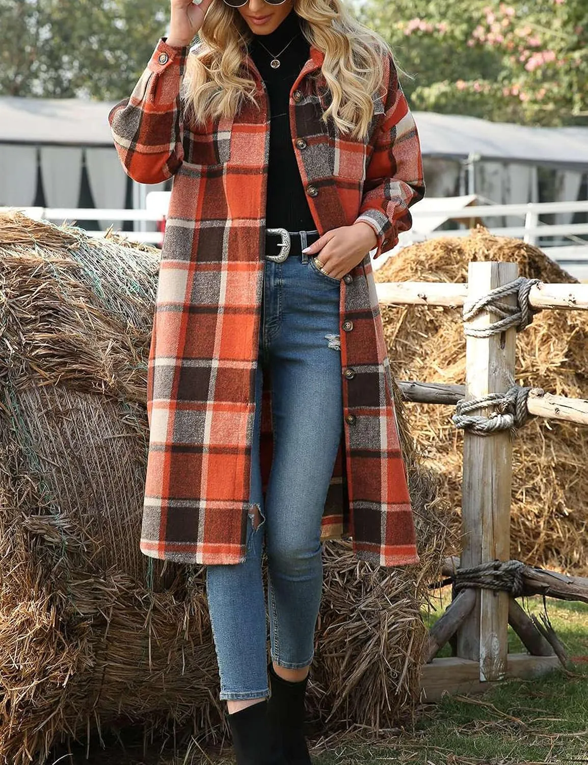 Himosyber Women's Casual Plaid Lapel Woolen Button Up Pocketed Long Shacket Coat