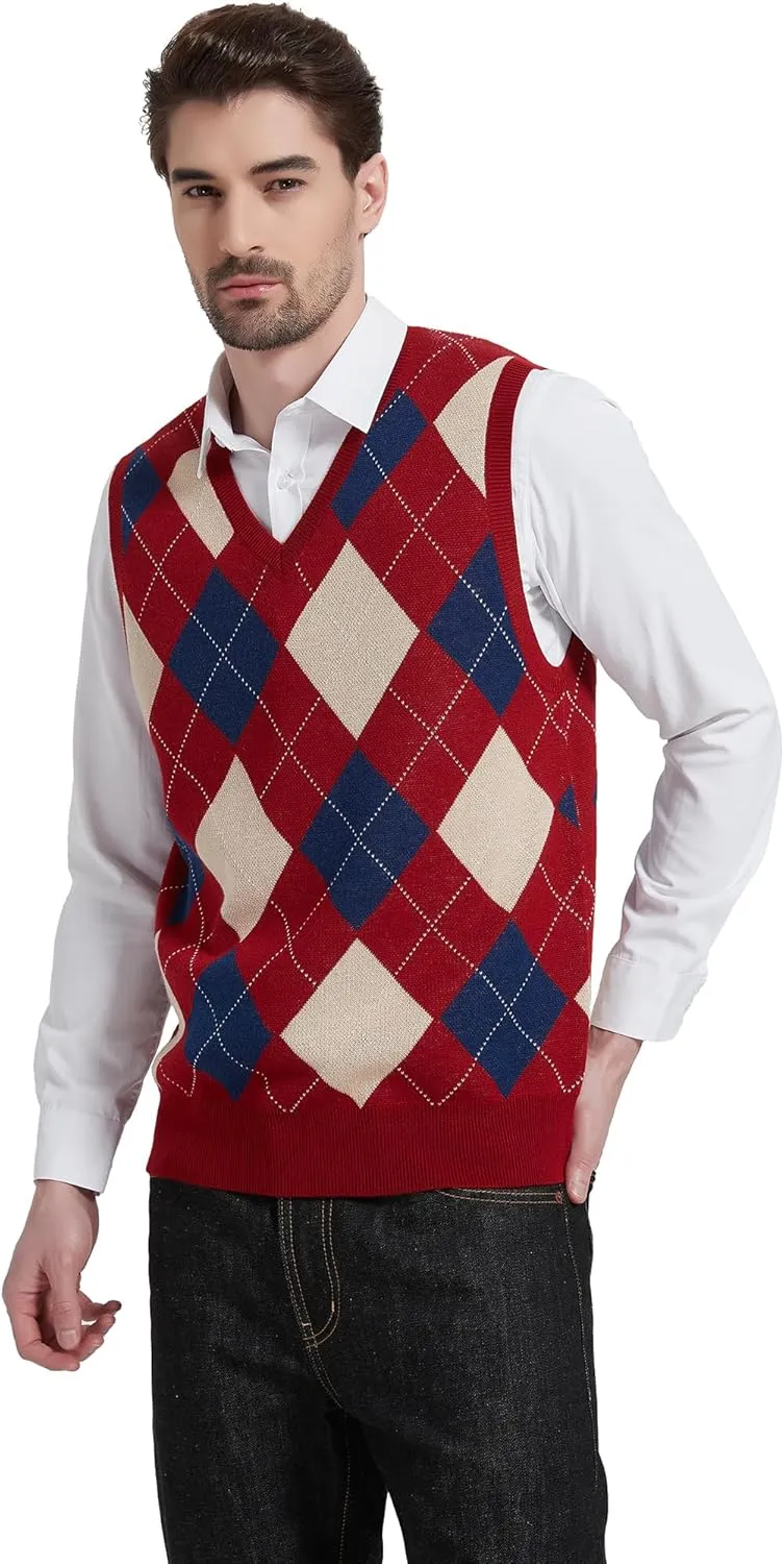 Kallspin Men's Argyle Vest Sweater Wool Blend V-Neck Sleeveless Pullover Sweater