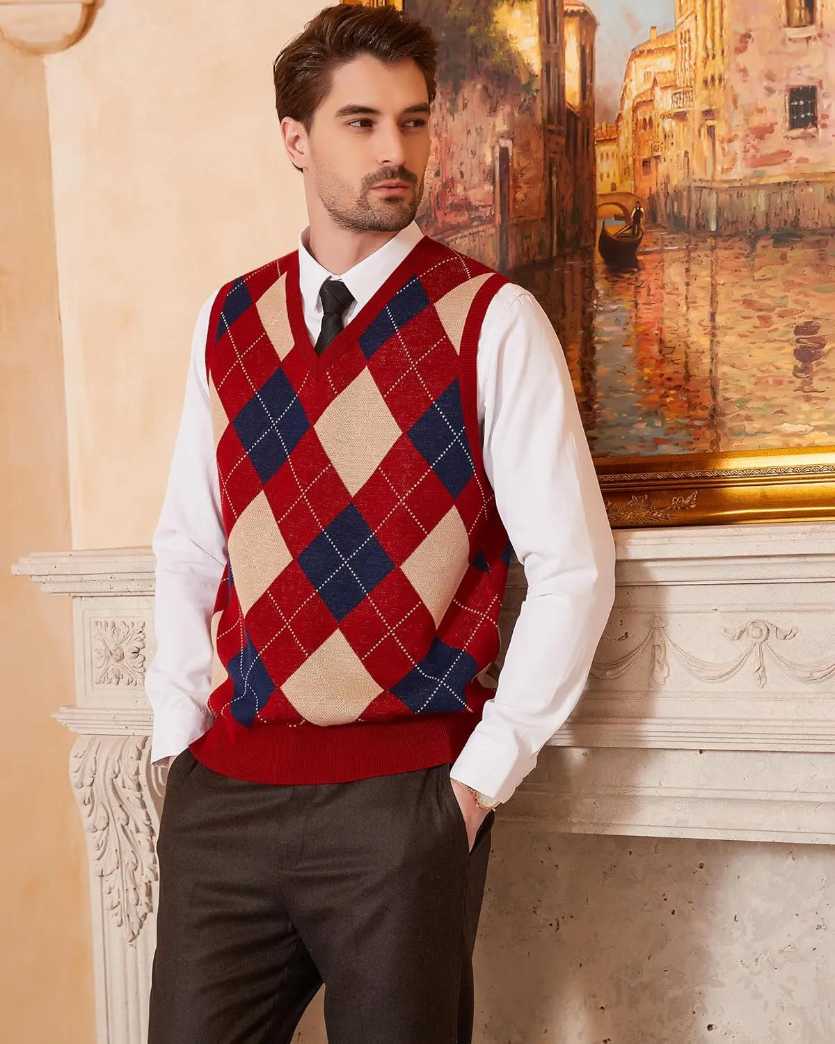 Kallspin Men's Argyle Vest Sweater Wool Blend V-Neck Sleeveless Pullover Sweater