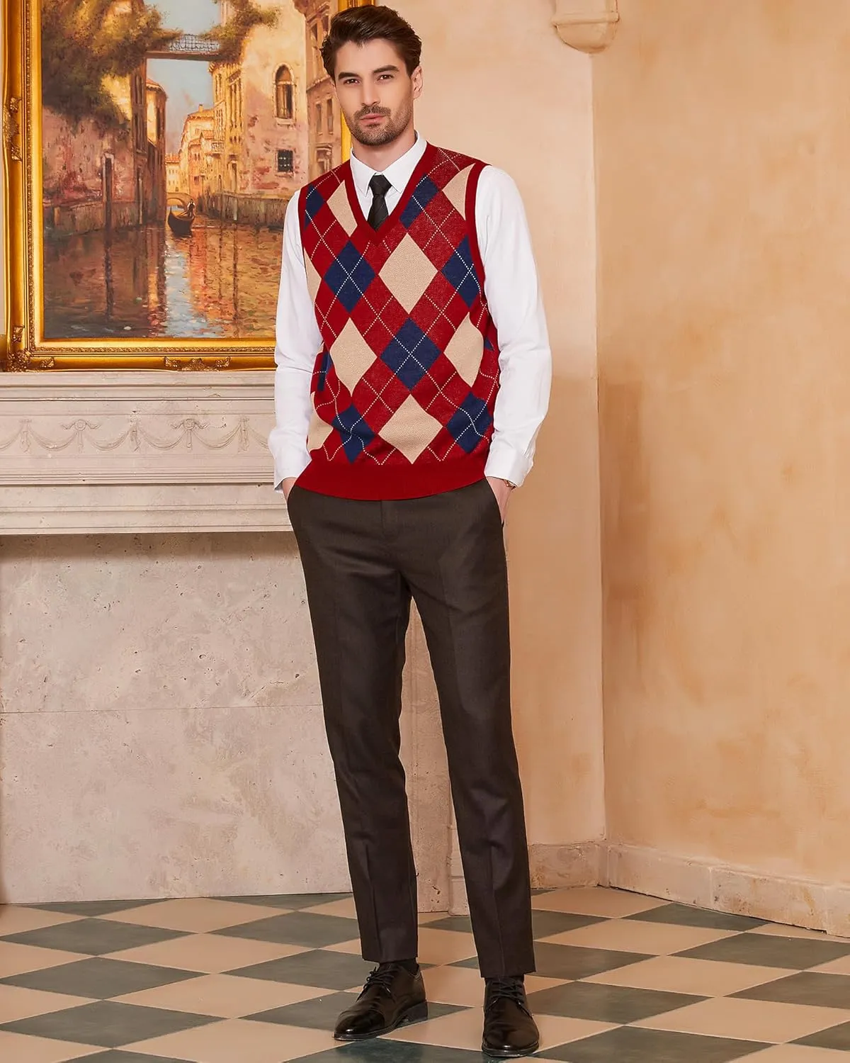 Kallspin Men's Argyle Vest Sweater Wool Blend V-Neck Sleeveless Pullover Sweater