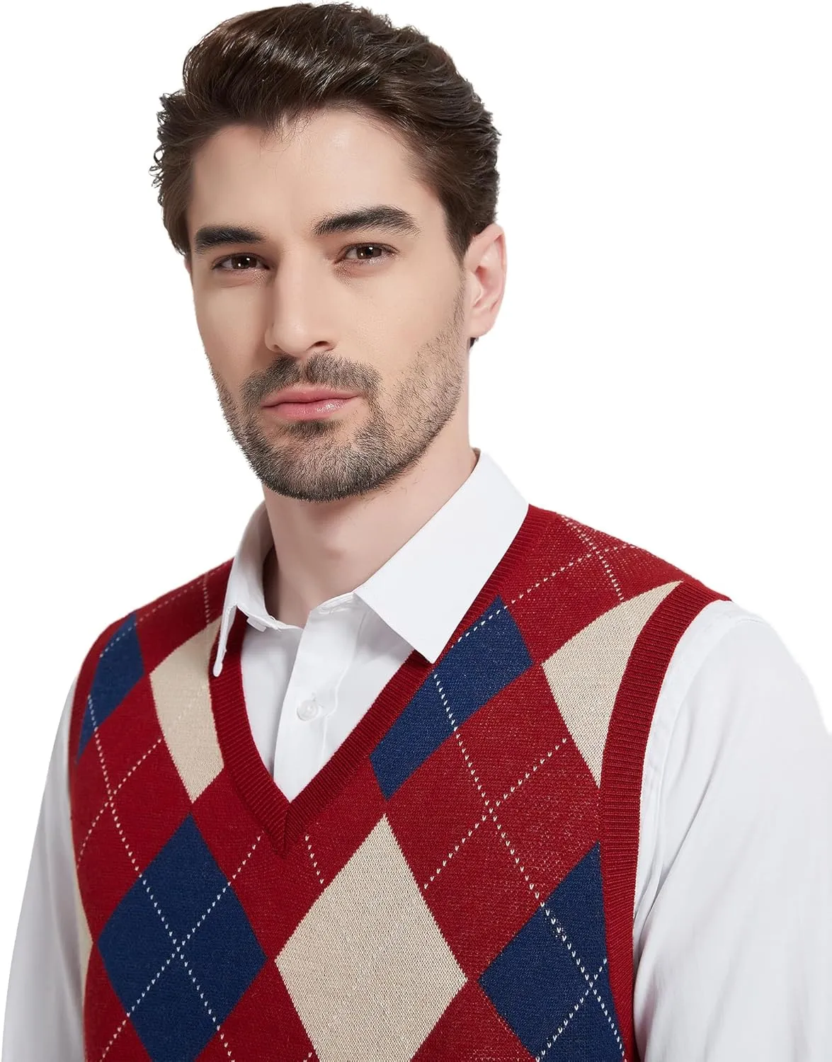 Kallspin Men's Argyle Vest Sweater Wool Blend V-Neck Sleeveless Pullover Sweater