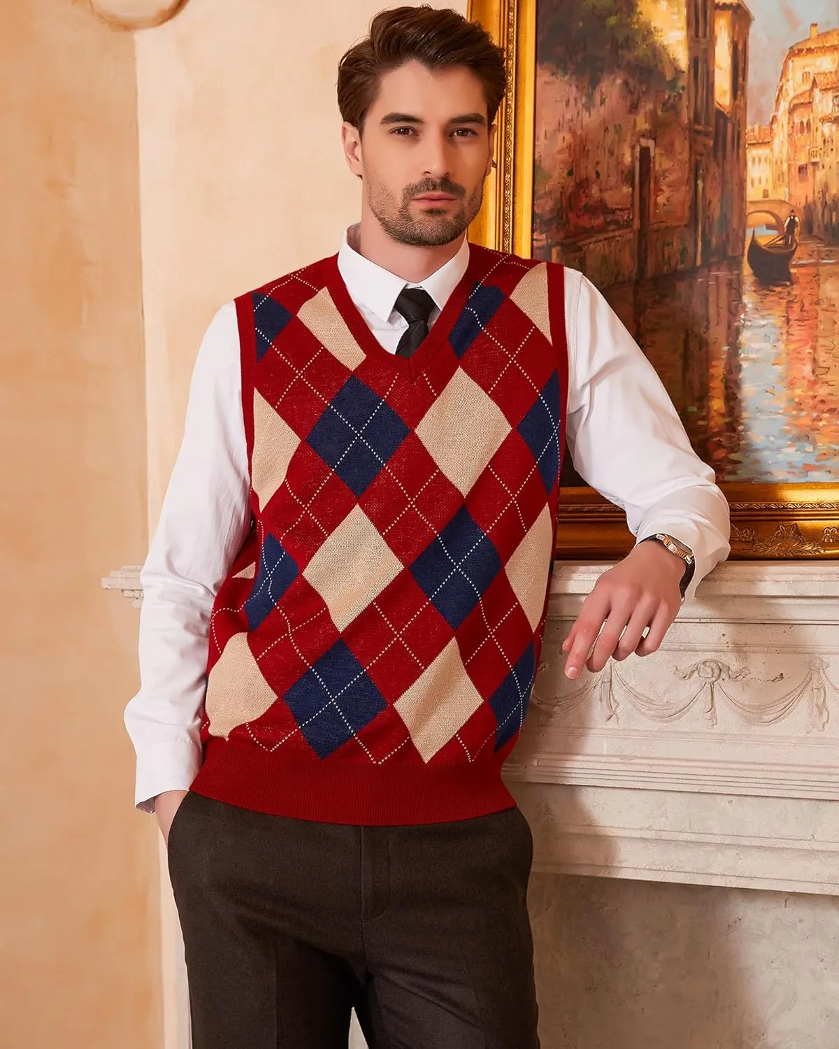 Kallspin Men's Argyle Vest Sweater Wool Blend V-Neck Sleeveless Pullover Sweater