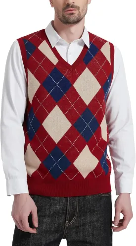 Kallspin Men's Argyle Vest Sweater Wool Blend V-Neck Sleeveless Pullover Sweater
