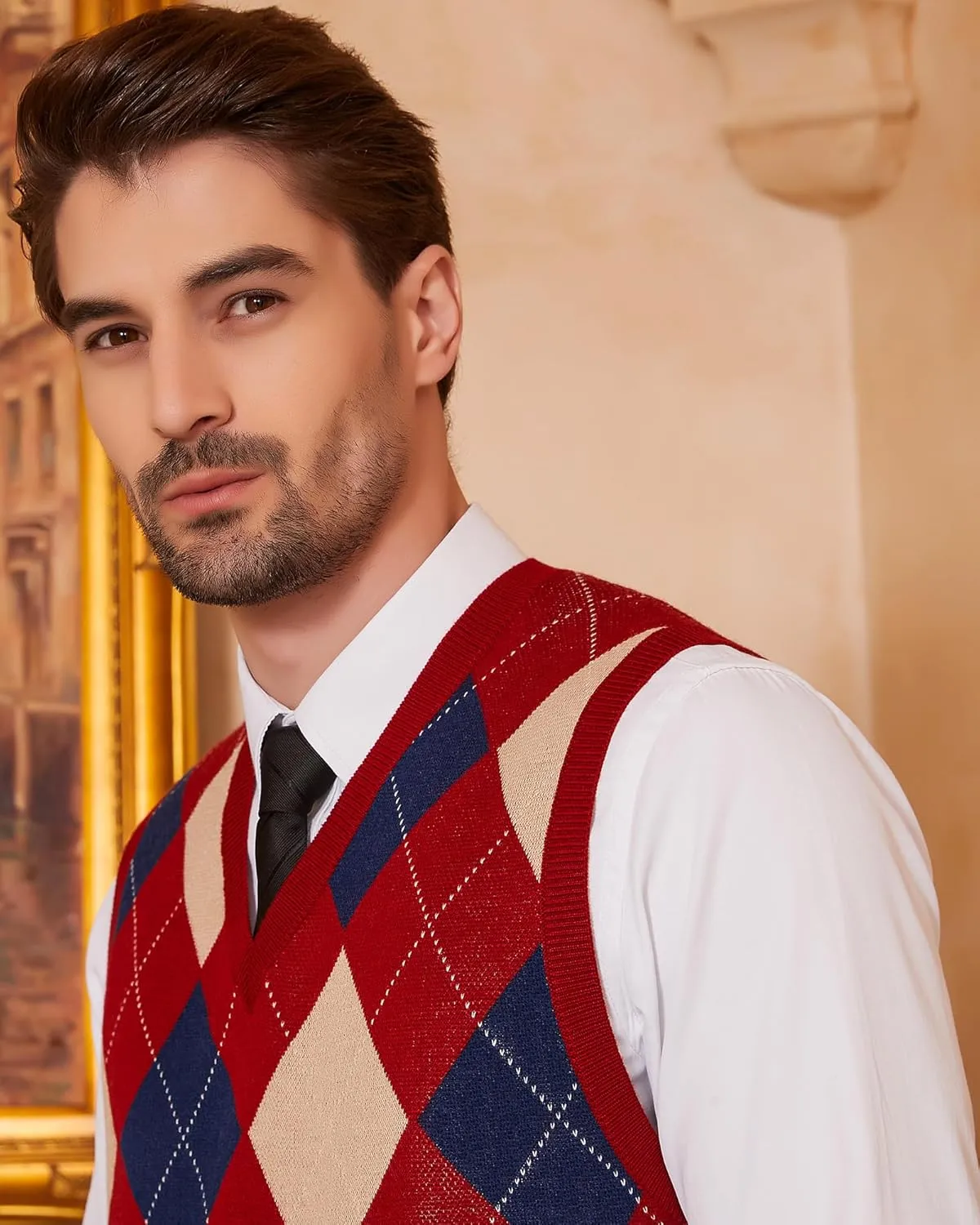 Kallspin Men's Argyle Vest Sweater Wool Blend V-Neck Sleeveless Pullover Sweater