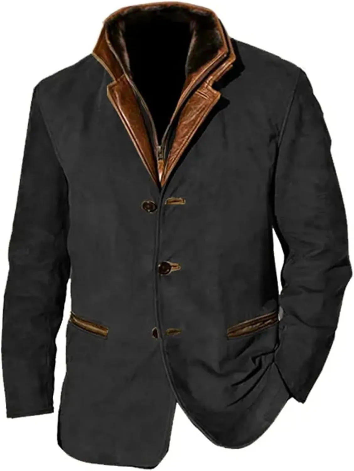 Men's Faux Suede Blazer Leather Jacket Button Up Notch Lapel Sport Coat Vintage Distressed Cargo Coat Tops with Pockets