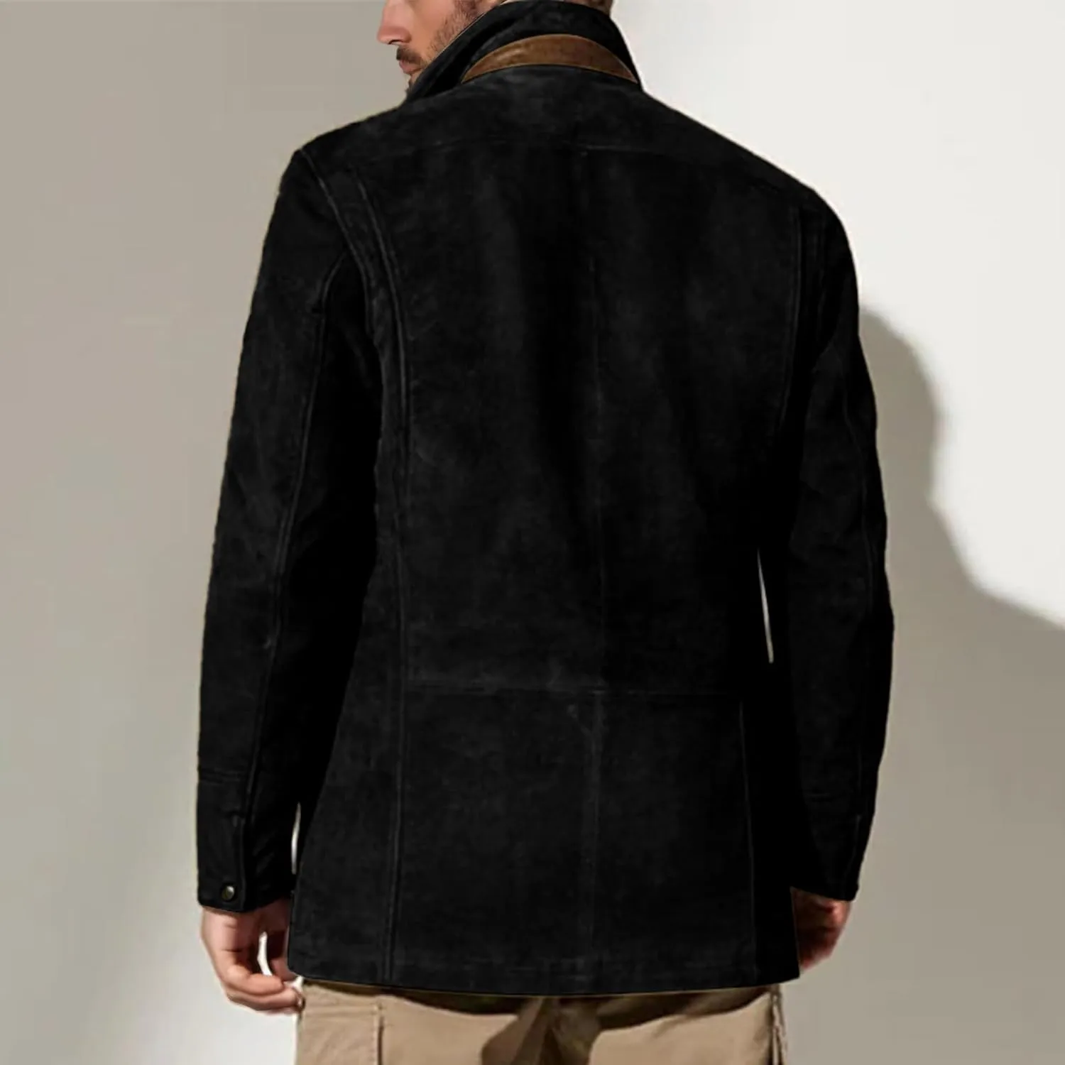 Men's Faux Suede Blazer Leather Jacket Button Up Notch Lapel Sport Coat Vintage Distressed Cargo Coat Tops with Pockets
