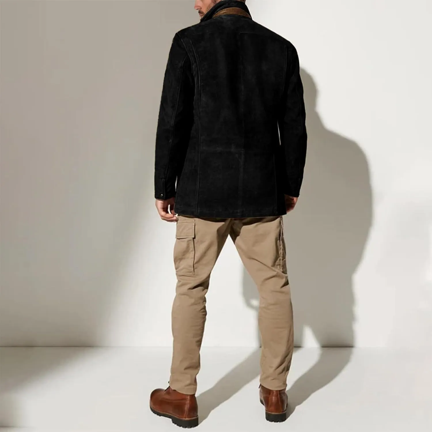 Men's Faux Suede Blazer Leather Jacket Button Up Notch Lapel Sport Coat Vintage Distressed Cargo Coat Tops with Pockets