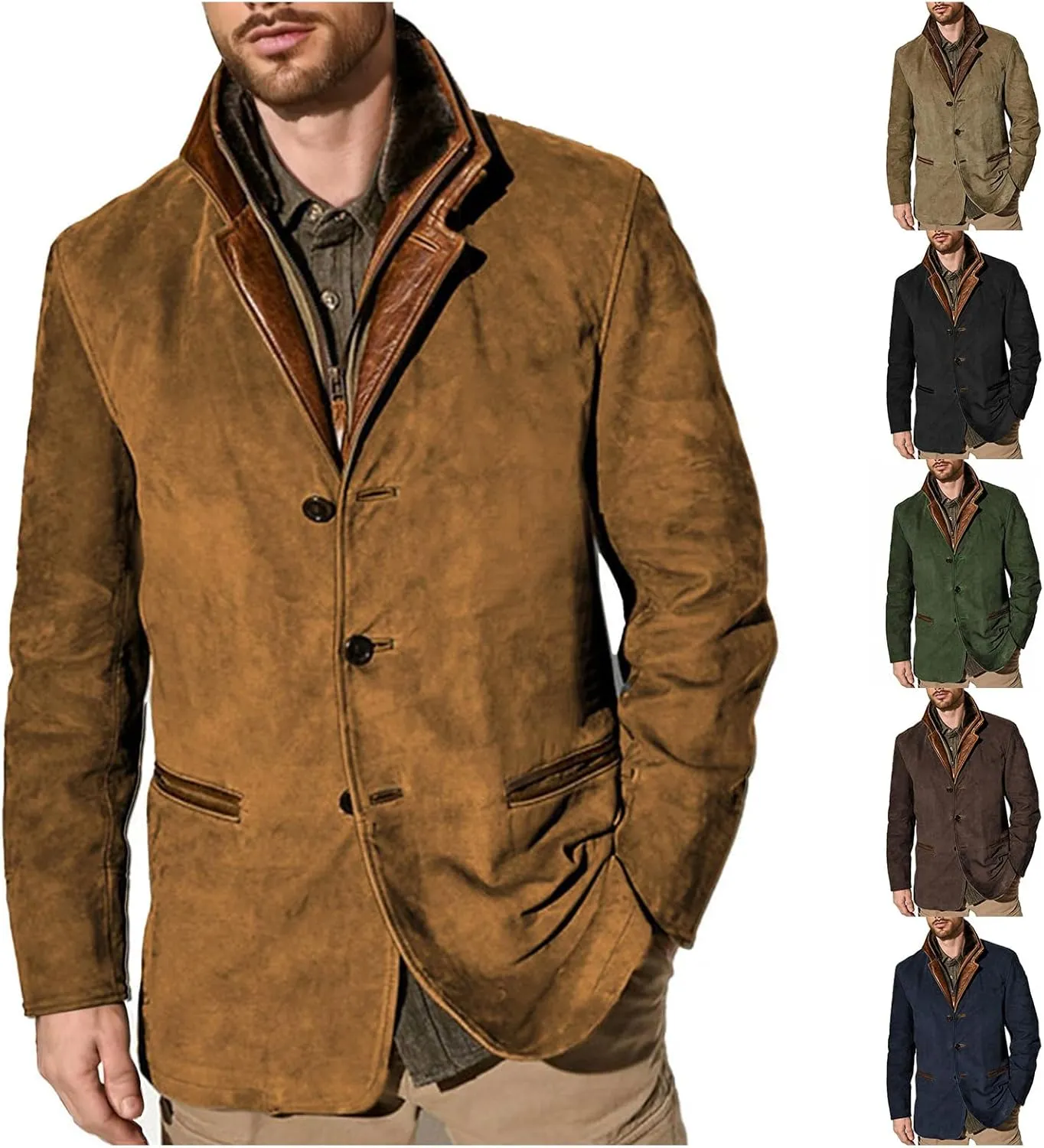 Men's Faux Suede Blazer Leather Jacket Button Up Notch Lapel Sport Coat Vintage Distressed Cargo Coat Tops with Pockets