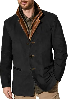 Men's Faux Suede Blazer Leather Jacket Button Up Notch Lapel Sport Coat Vintage Distressed Cargo Coat Tops with Pockets