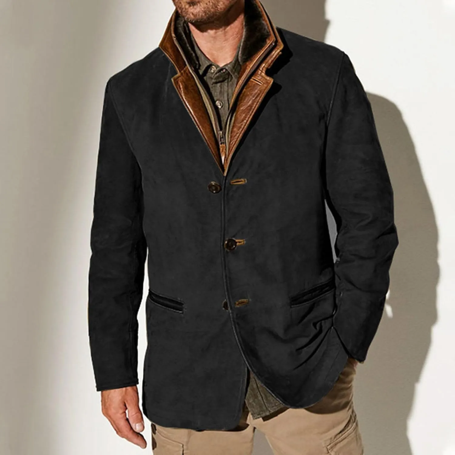 Men's Faux Suede Blazer Leather Jacket Button Up Notch Lapel Sport Coat Vintage Distressed Cargo Coat Tops with Pockets