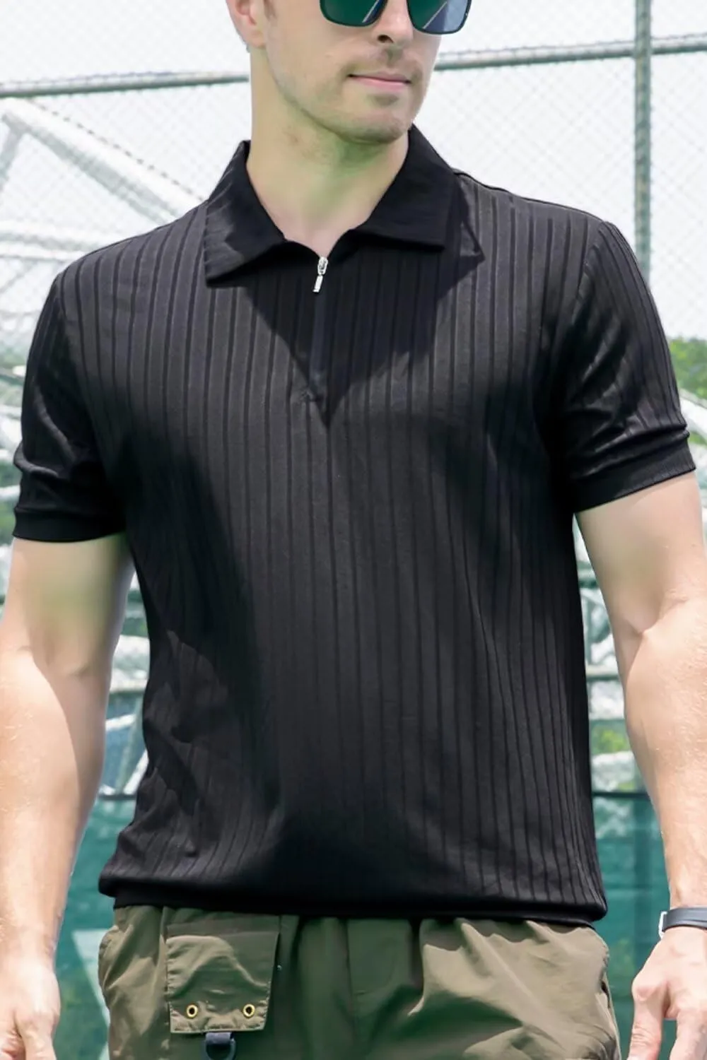 Men's Polo Shirts Short Sleeve T Shirts Ribbed Knit Zipper Polo Shirts Fashion Casual Golf Tee