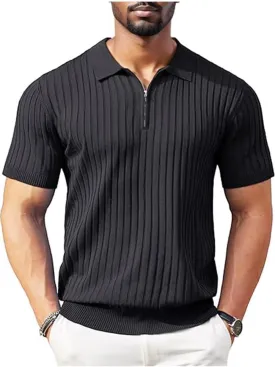 Men's Polo Shirts Short Sleeve T Shirts Ribbed Knit Zipper Polo Shirts Fashion Casual Golf Tee