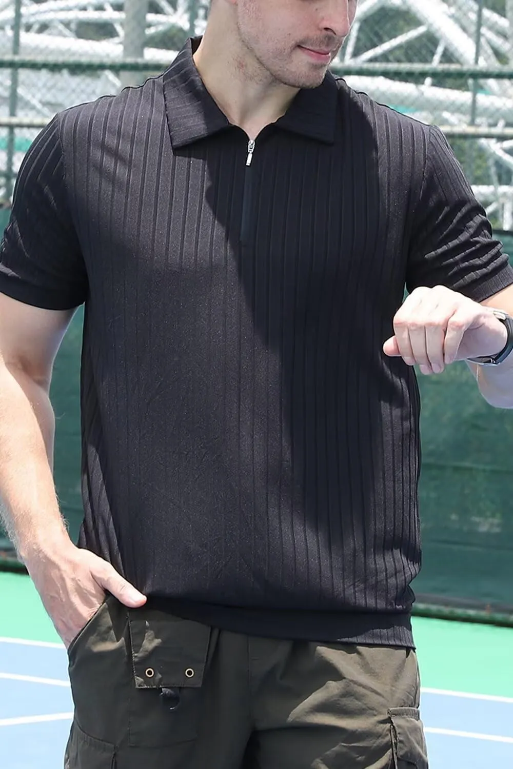 Men's Polo Shirts Short Sleeve T Shirts Ribbed Knit Zipper Polo Shirts Fashion Casual Golf Tee